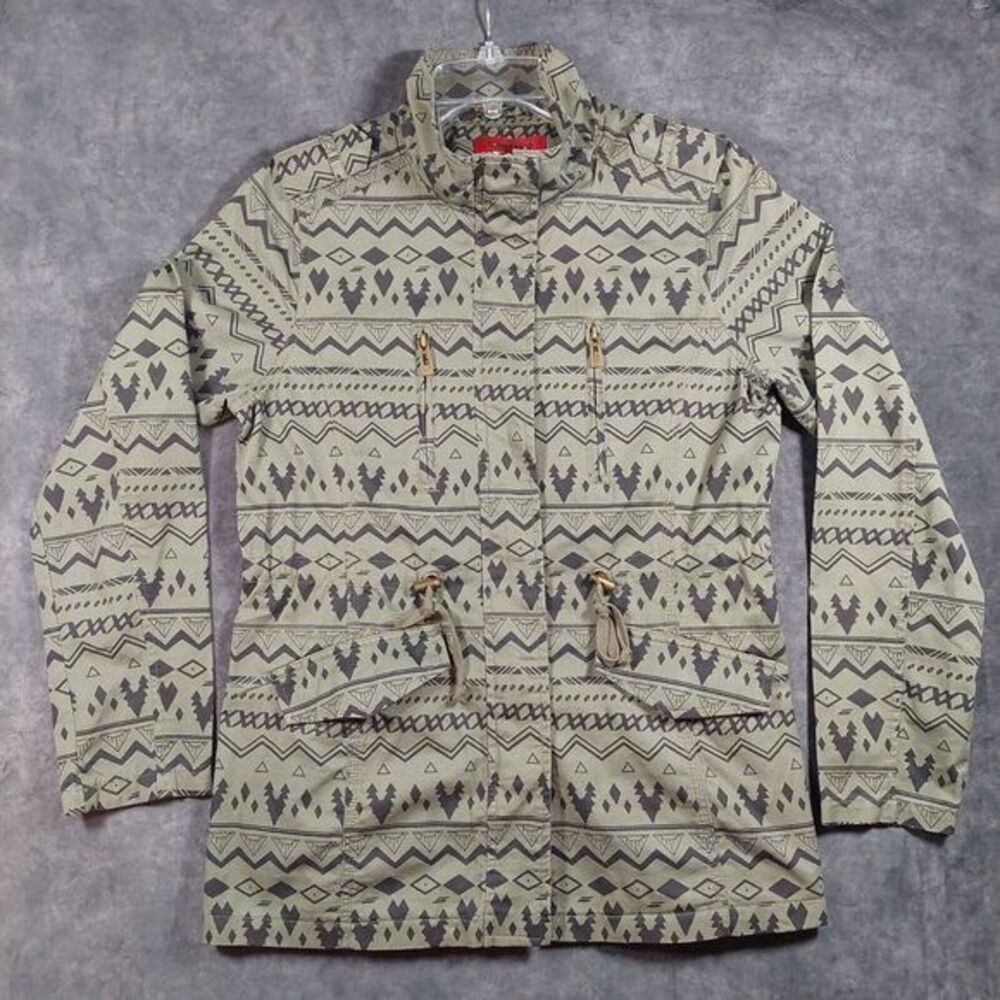 Coffee Shop Green‎ Zip Up Anorak Jacket Cinched Waist Med Full Zip Aztec Print